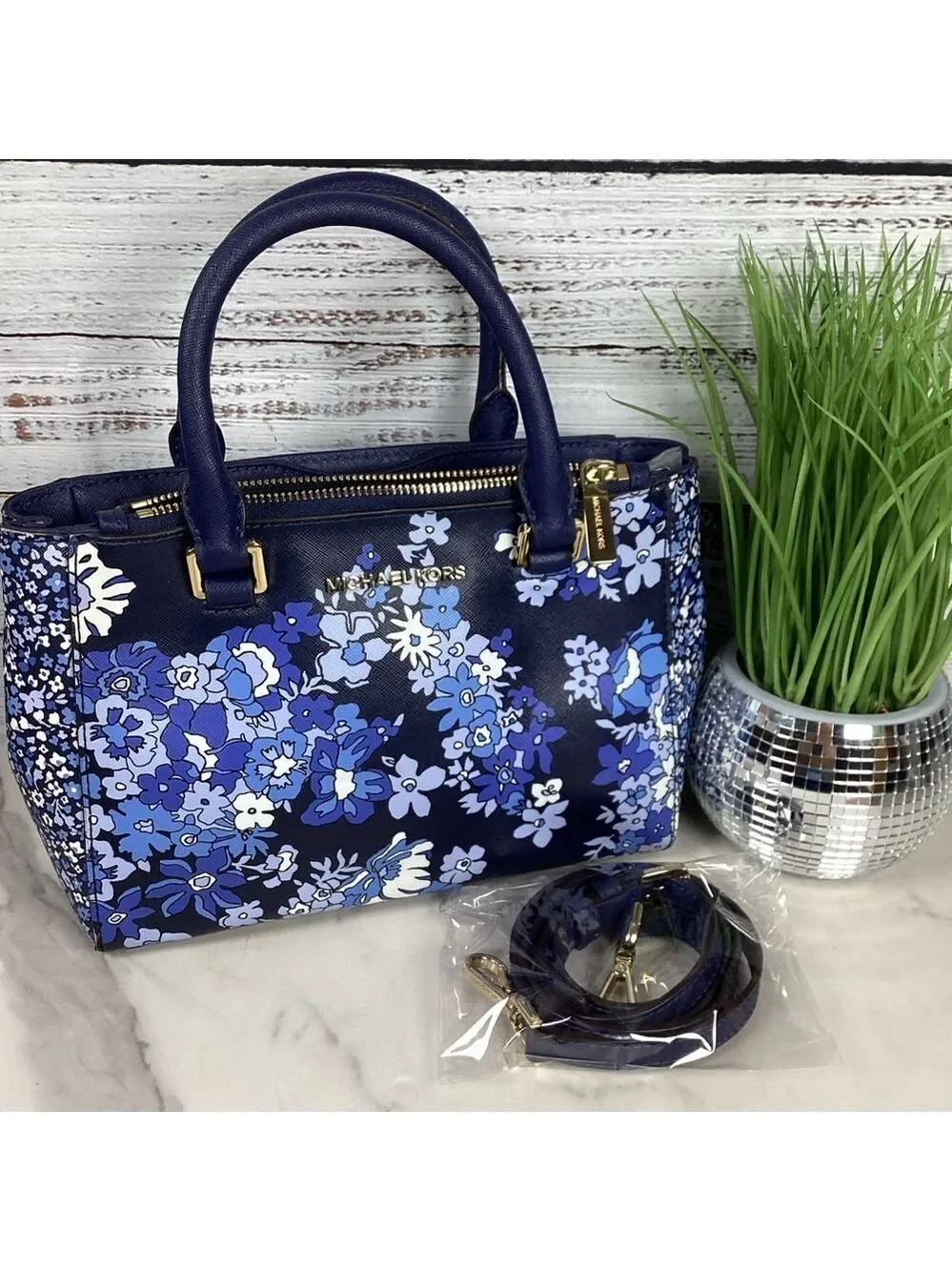 Michael Kors Kellen Blue hand bag Satchel with Floral Design Crossbody Purse guc